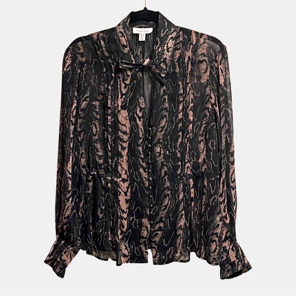 Topshop Long Sleeve Sheer Black Pink Animal Print Blouse Size S/M